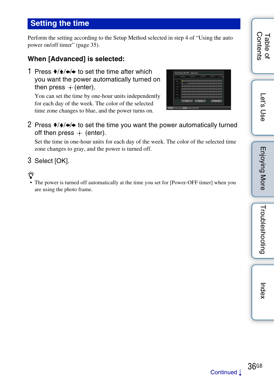 Setting the time | Sony DPF-HD800 User Manual | Page 36 / 63