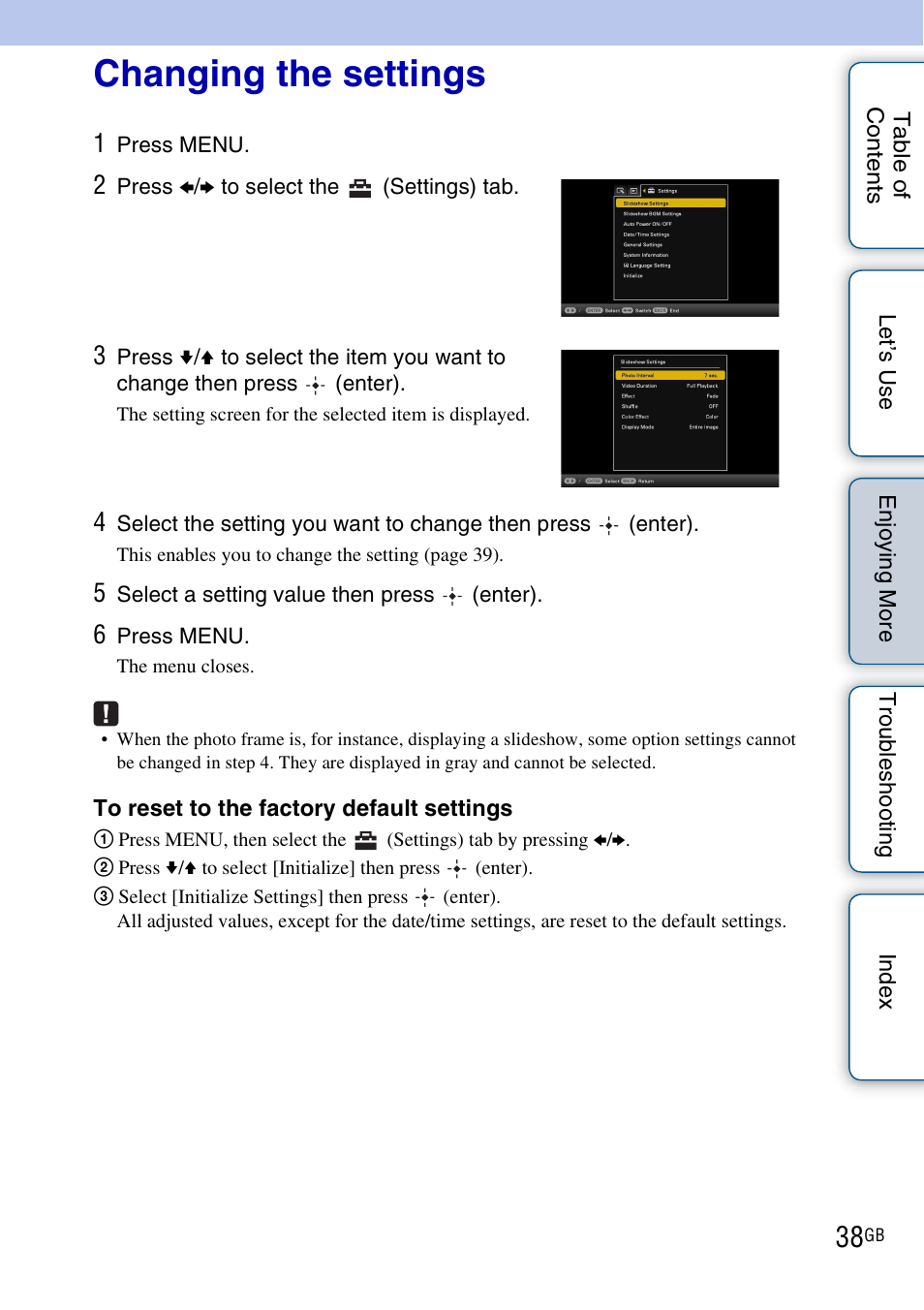 Changing the settings | Sony DPF-HD800 User Manual | Page 38 / 63