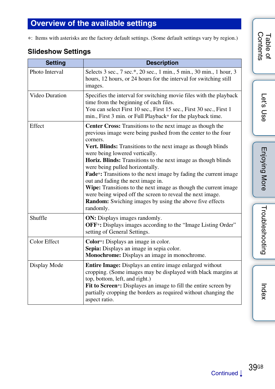 Overview of the available settings | Sony DPF-HD800 User Manual | Page 39 / 63