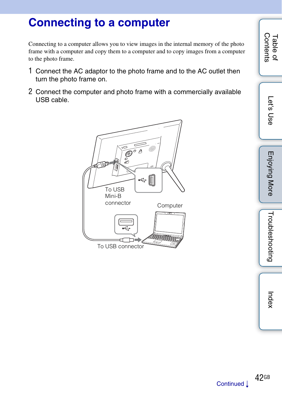 Connecting to a computer | Sony DPF-HD800 User Manual | Page 42 / 63