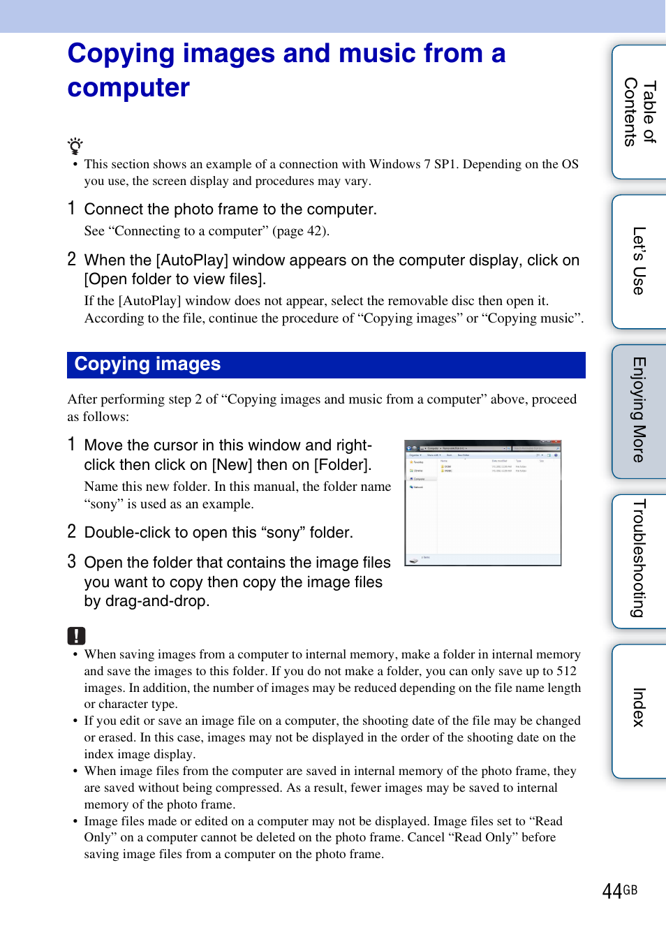 Copying images and music from a computer, Copying images | Sony DPF-HD800 User Manual | Page 44 / 63