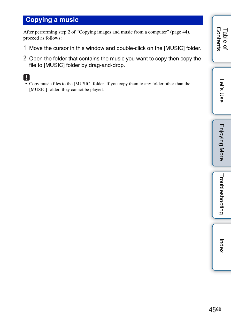 Copying a music | Sony DPF-HD800 User Manual | Page 45 / 63