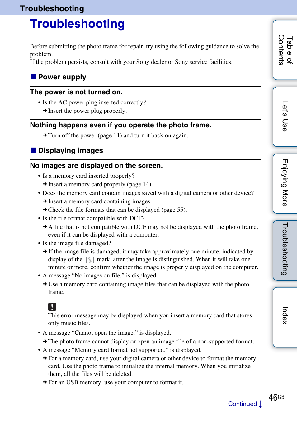 Troubleshooting, Les hoo | Sony DPF-HD800 User Manual | Page 46 / 63