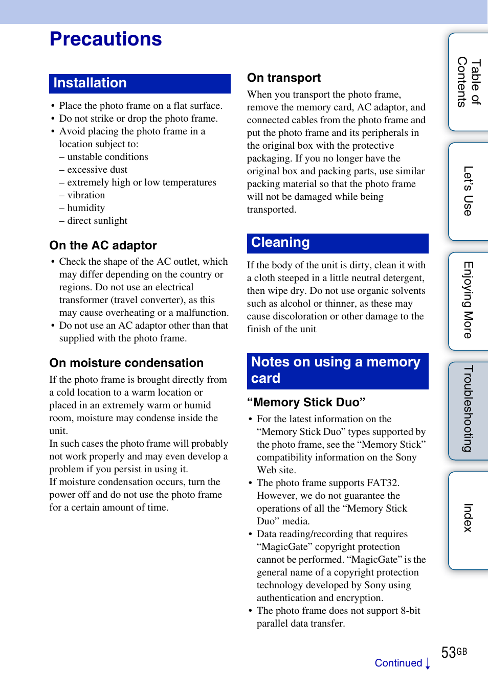 Precautions | Sony DPF-HD800 User Manual | Page 53 / 63