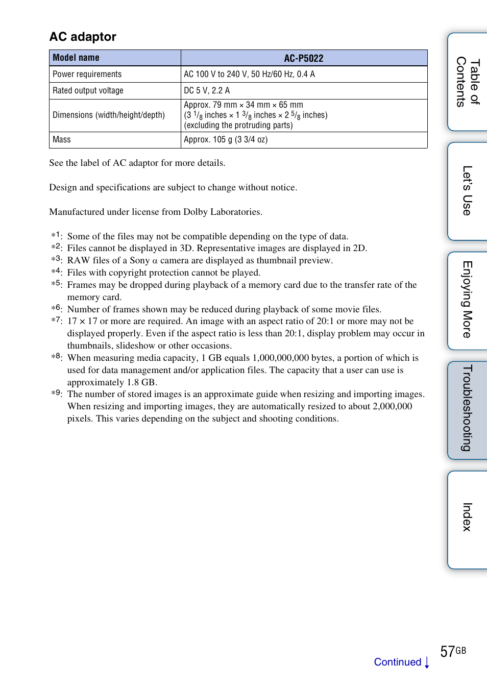 Ac adaptor | Sony DPF-HD800 User Manual | Page 57 / 63