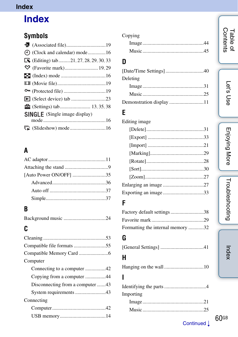 Index, Symbols | Sony DPF-HD800 User Manual | Page 60 / 63