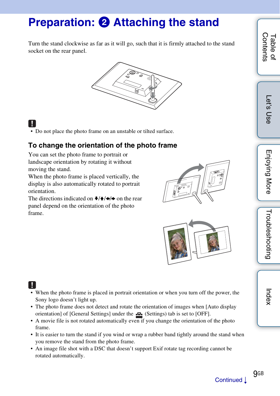 Preparation: 2 attaching the stand | Sony DPF-HD800 User Manual | Page 9 / 63