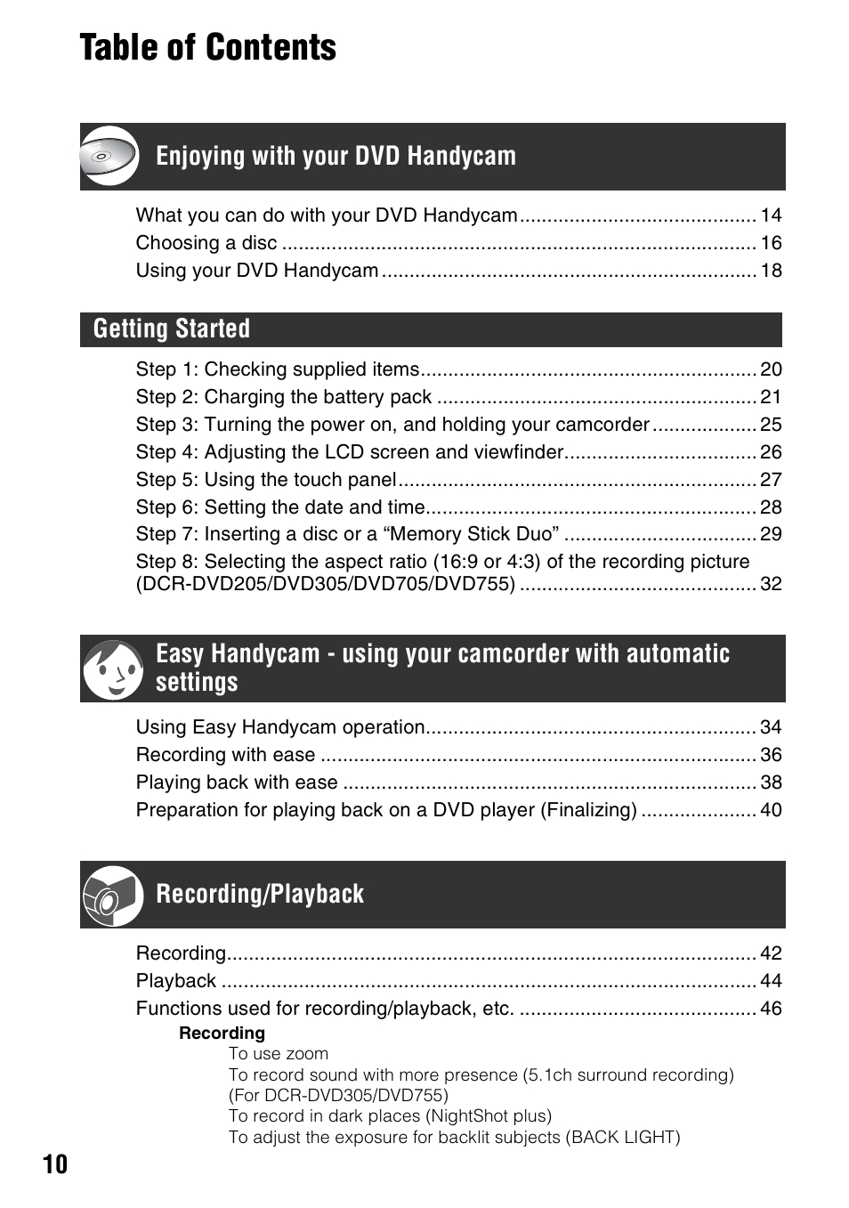 Sony DCR-DVD205 User Manual | Page 10 / 156