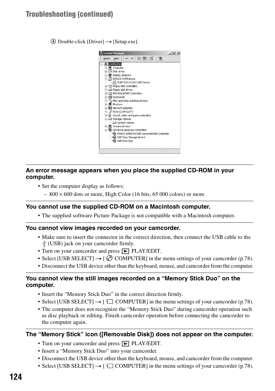 Troubleshooting (continued) | Sony DCR-DVD205 User Manual | Page 124 / 156