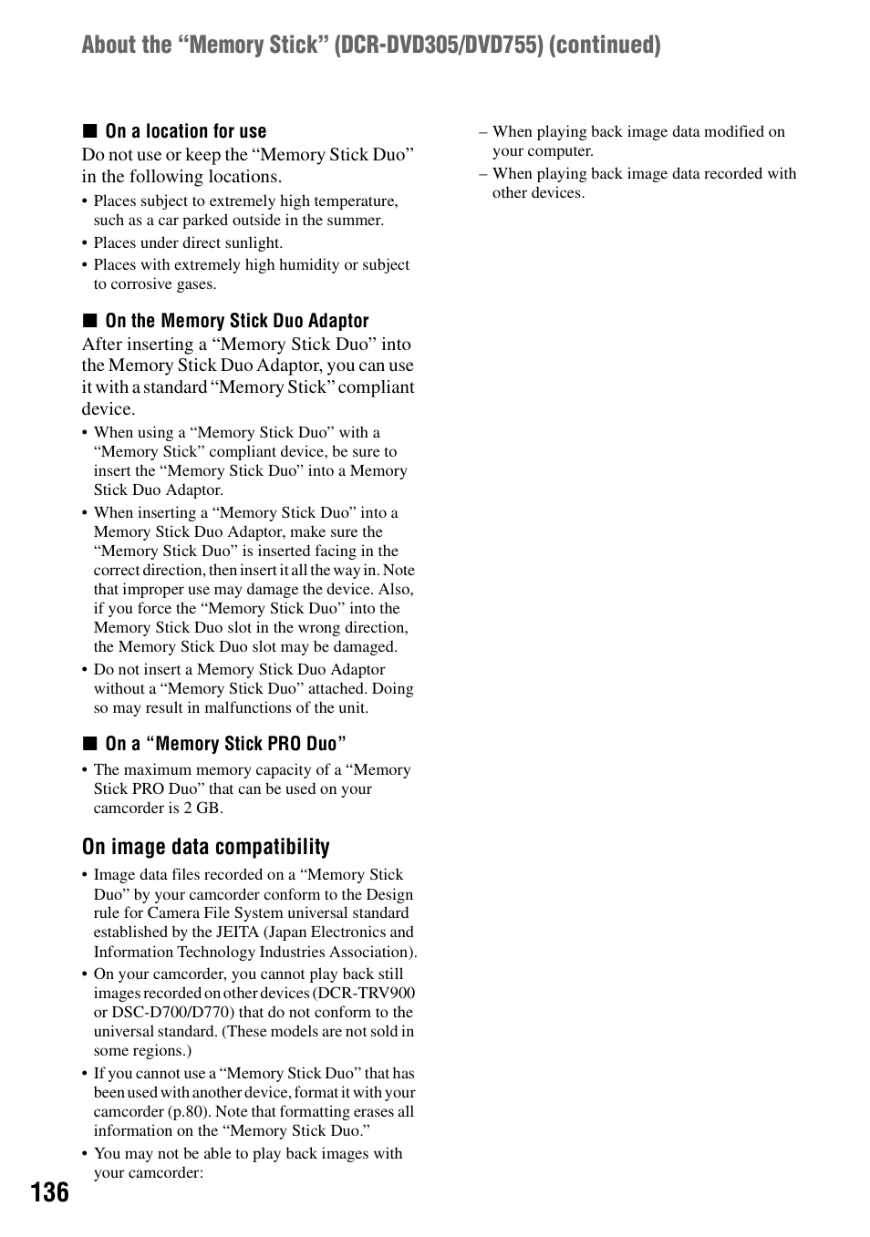 P.136), On image data compatibility | Sony DCR-DVD205 User Manual | Page 136 / 156