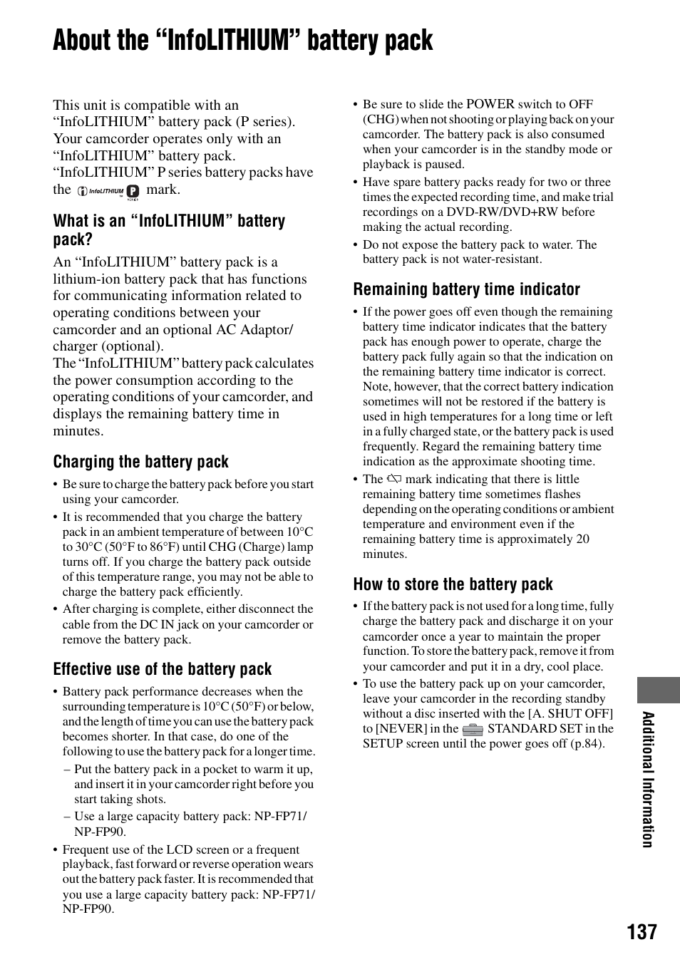 About the “infolithium” battery pack, P.137), P.137 | Sony DCR-DVD205 User Manual | Page 137 / 156