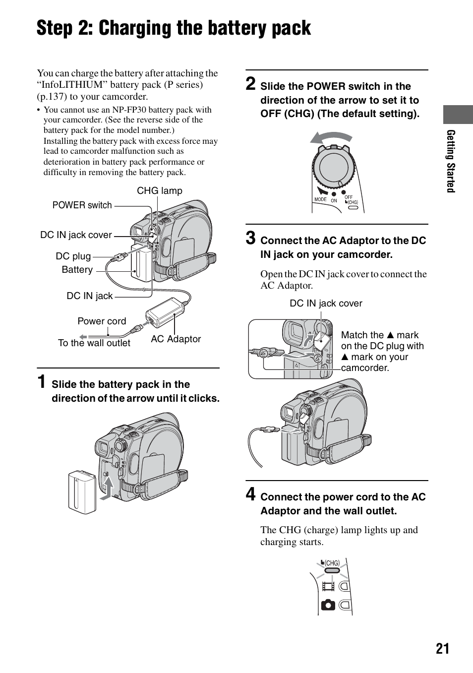 Step 2: charging the battery pack, R (1) (p.21), P.21) | Sony DCR-DVD205 User Manual | Page 21 / 156