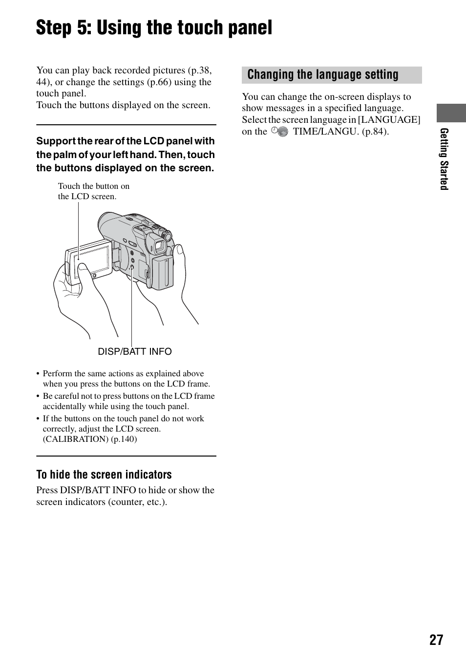 Step 5: using the touch panel, Changing the language setting | Sony DCR-DVD205 User Manual | Page 27 / 156