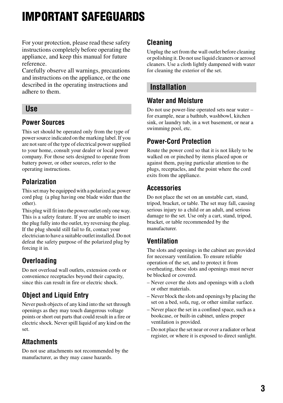 Important safeguards, Use installation | Sony DCR-DVD205 User Manual | Page 3 / 156