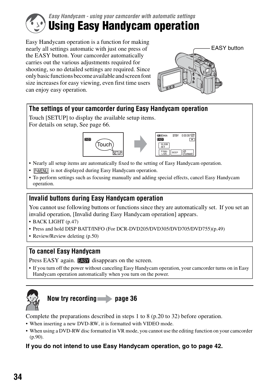 Using easy handycam operation, Easy, Handycam 34 | P.34) | Sony DCR-DVD205 User Manual | Page 34 / 156