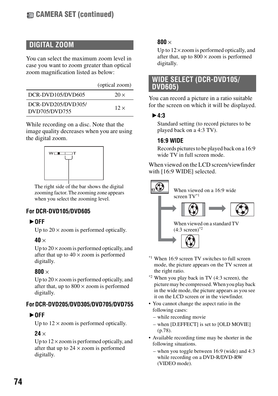 Camera set (continued), Digital zoom | Sony DCR-DVD205 User Manual | Page 74 / 156