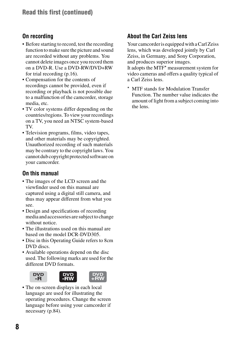 Read this first (continued) | Sony DCR-DVD205 User Manual | Page 8 / 156