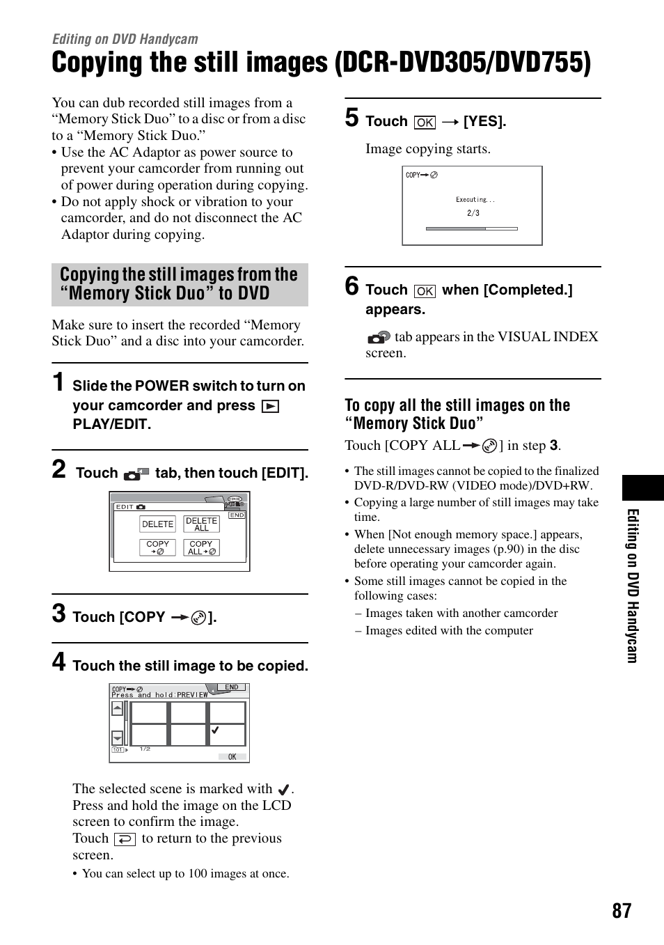 Editing on dvd handycam, Copying the still images (dcr-dvd305/dvd755) | Sony DCR-DVD205 User Manual | Page 87 / 156