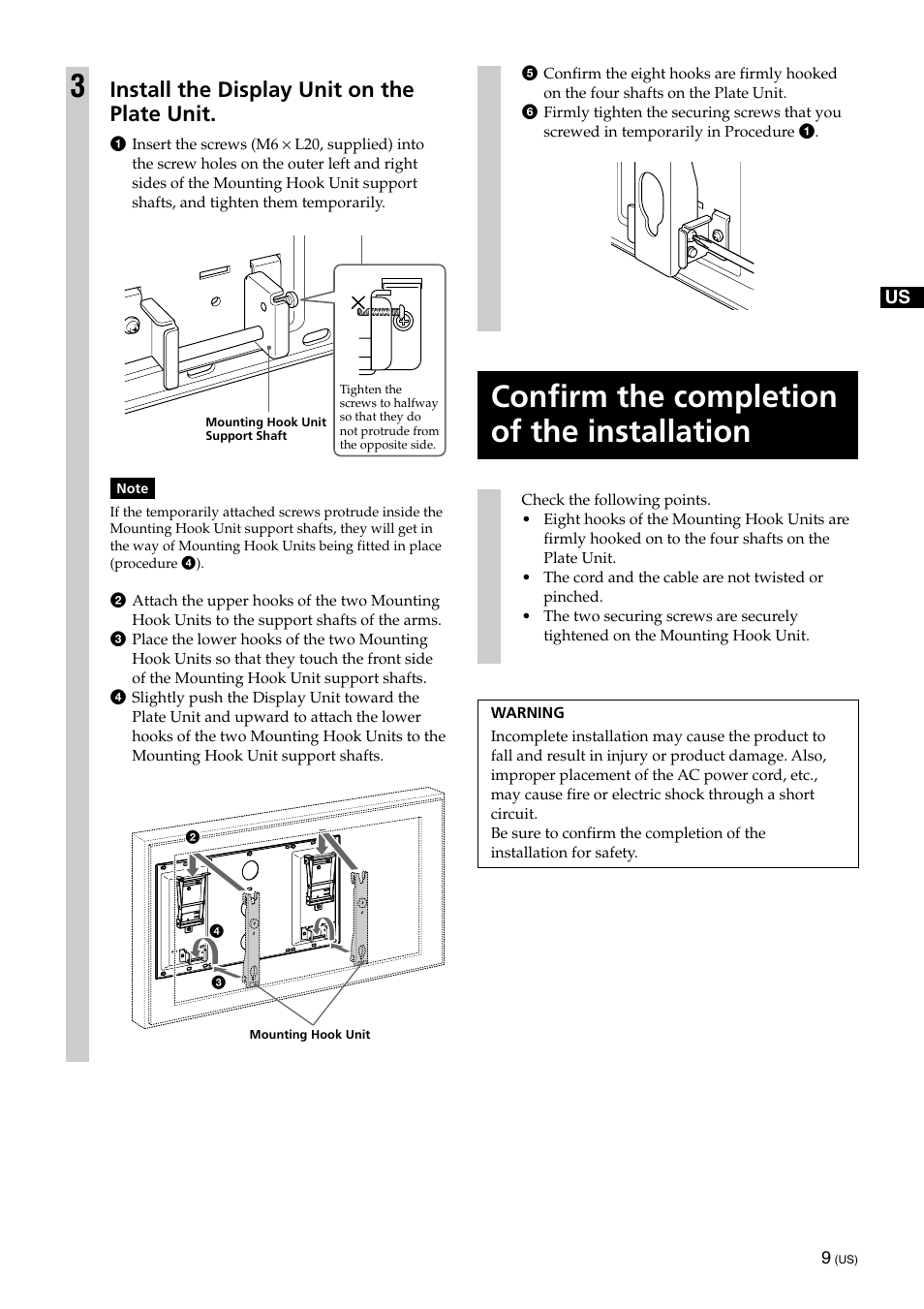 Confirm the completion of the installation, Install the display unit on the plate unit | Sony SU-XWQ005 User Manual | Page 11 / 40