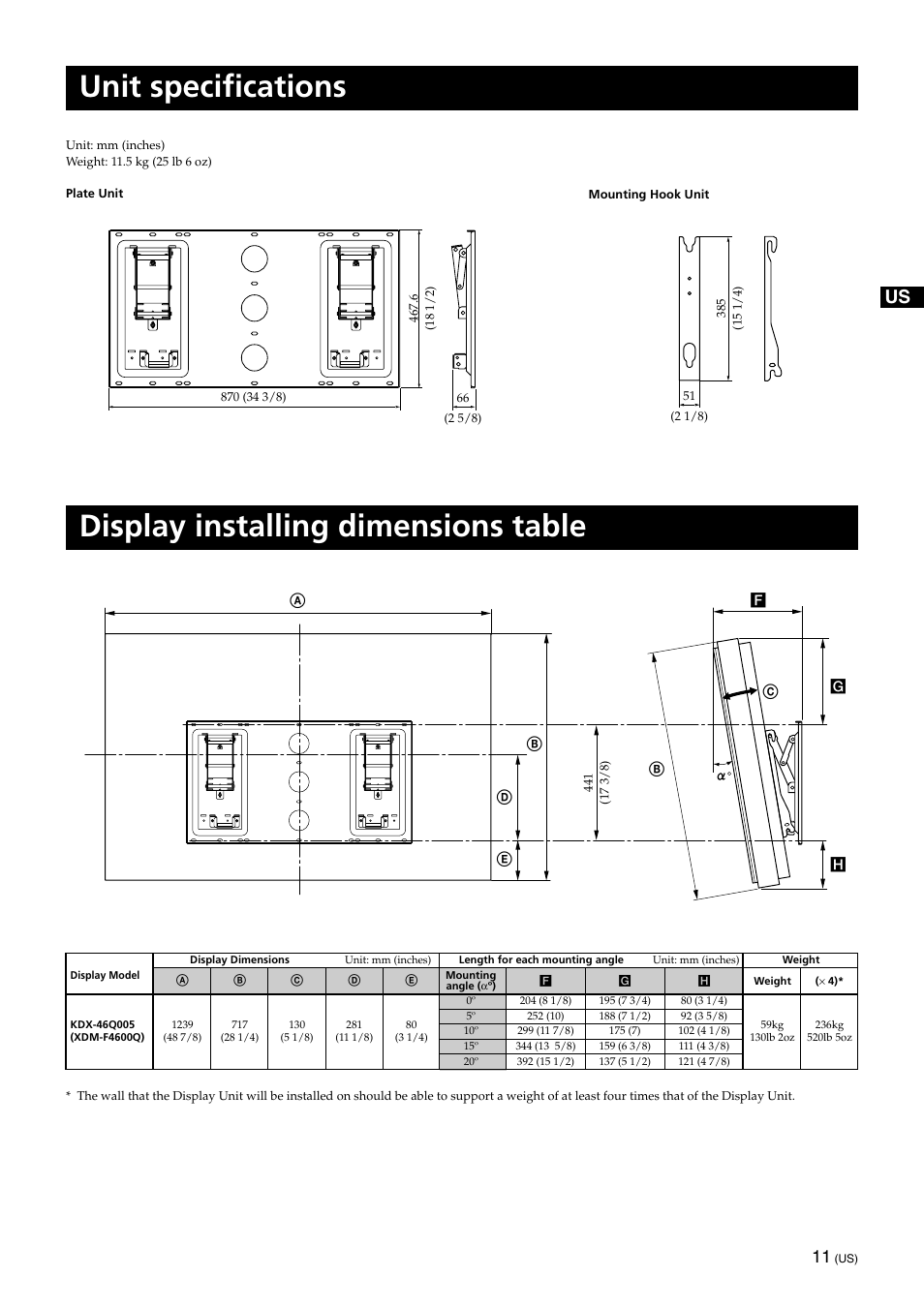 Unit specifications, Display installing dimensions table | Sony SU-XWQ005 User Manual | Page 13 / 40