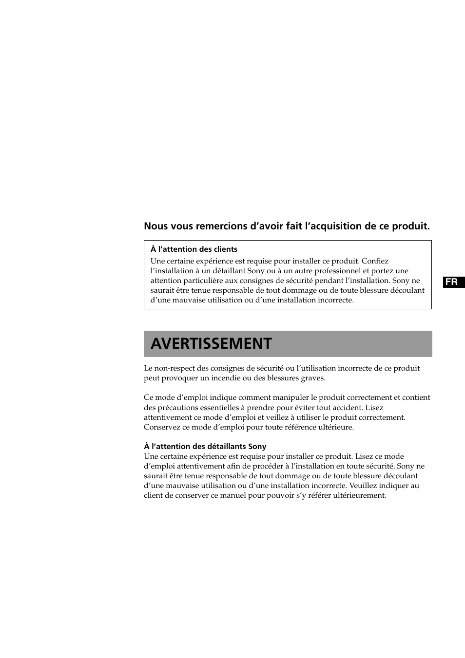 Avertissement | Sony SU-XWQ005 User Manual | Page 15 / 40