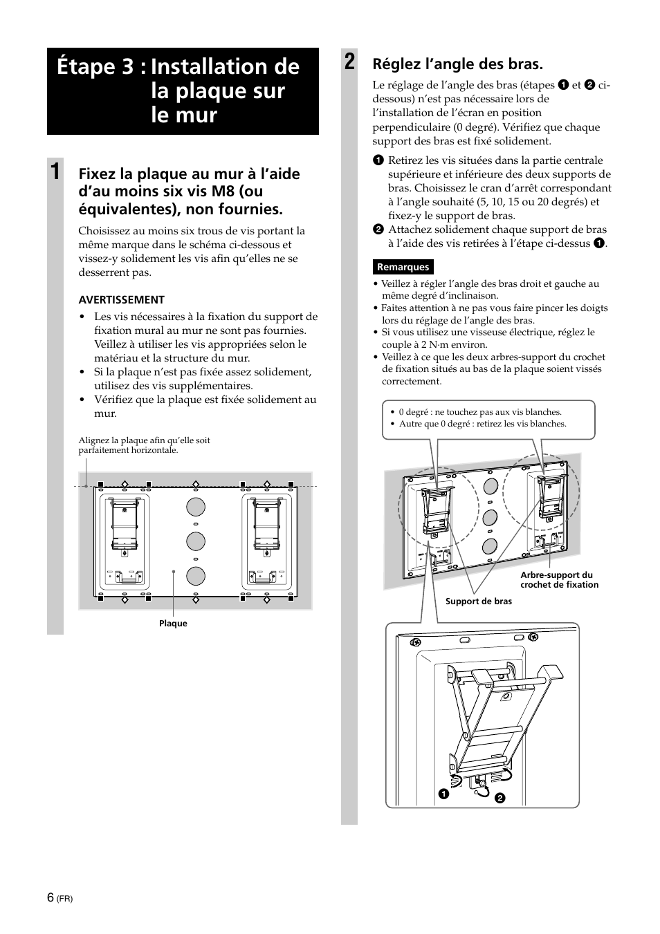 Étape 3 : installation de la plaque sur le mur, Étape 3 : installation de la plaque sur le mur 1, Réglez l’angle des bras | Sony SU-XWQ005 User Manual | Page 20 / 40