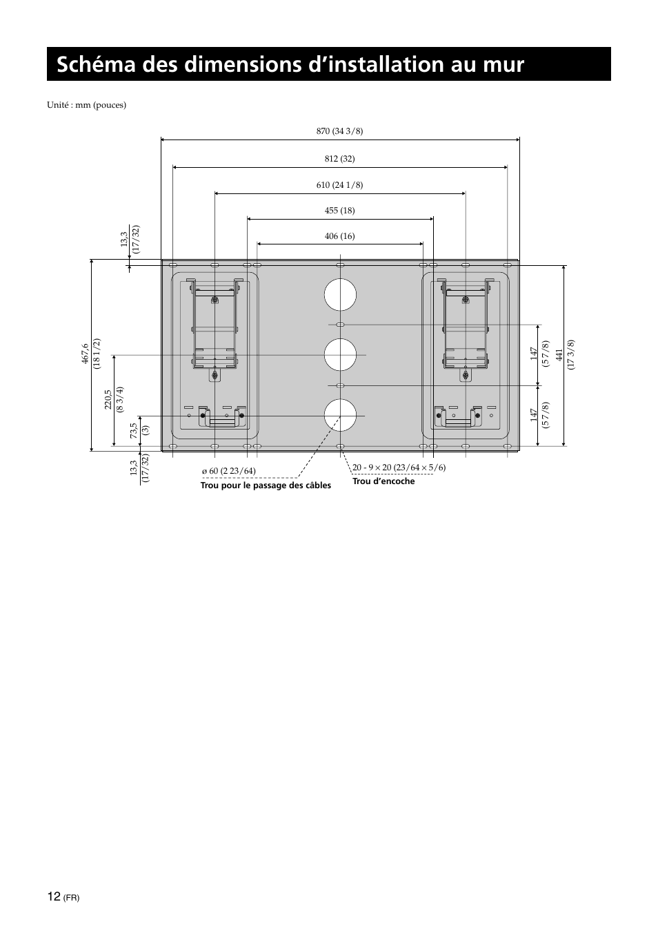 Schéma des dimensions d’installation au mur | Sony SU-XWQ005 User Manual | Page 26 / 40