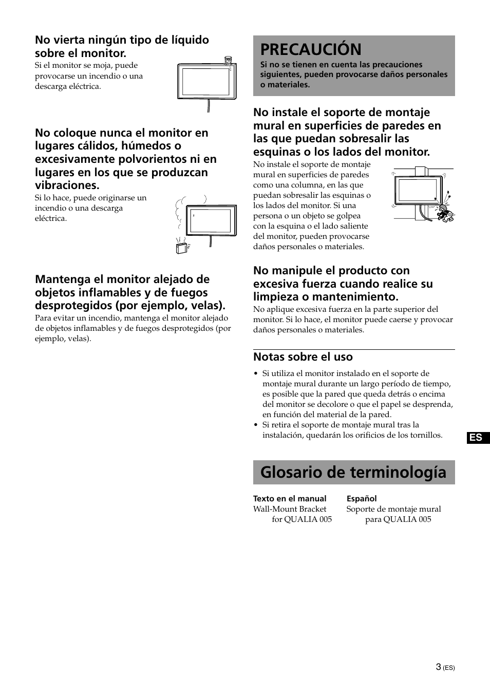 Precaución, Glosario de terminología | Sony SU-XWQ005 User Manual | Page 29 / 40