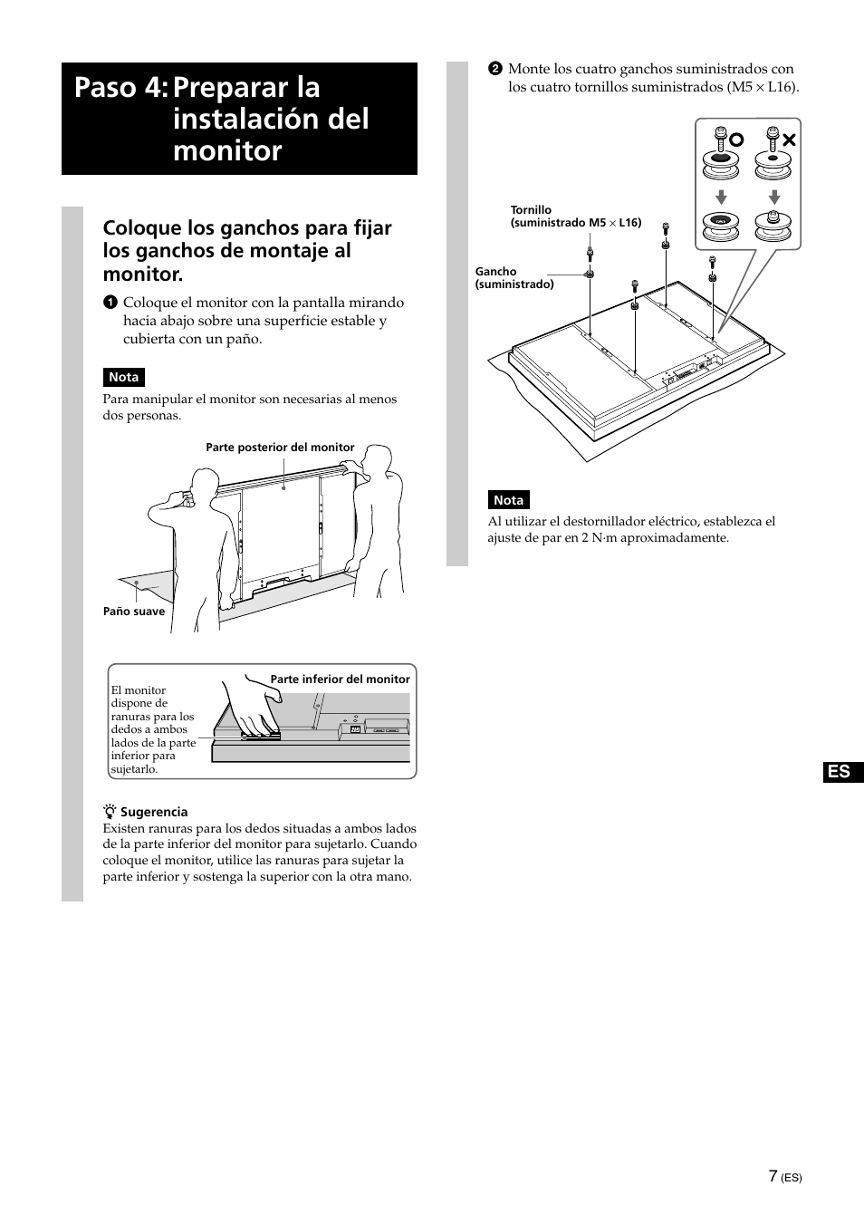 Paso 4: preparar la instalación del monitor | Sony SU-XWQ005 User Manual | Page 33 / 40