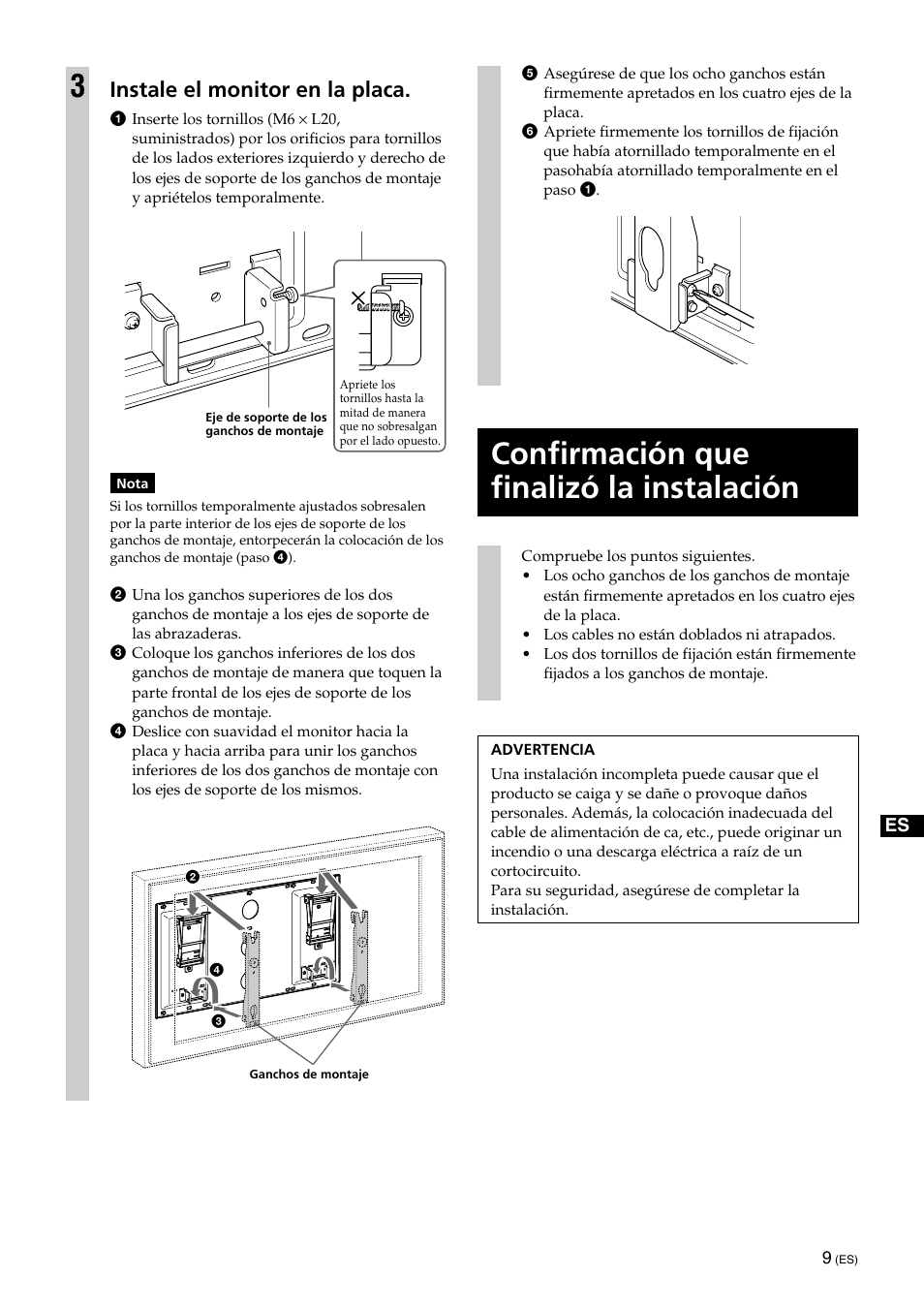 Confirmación que finalizó la instalación, Instale el monitor en la placa | Sony SU-XWQ005 User Manual | Page 35 / 40