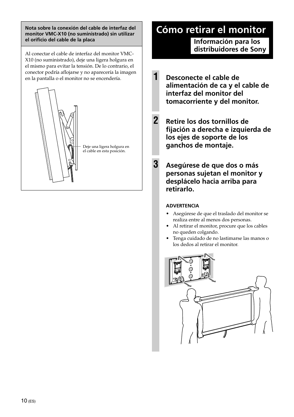 Cómo retirar el monitor, Cómo retirar el monitor 1 | Sony SU-XWQ005 User Manual | Page 36 / 40