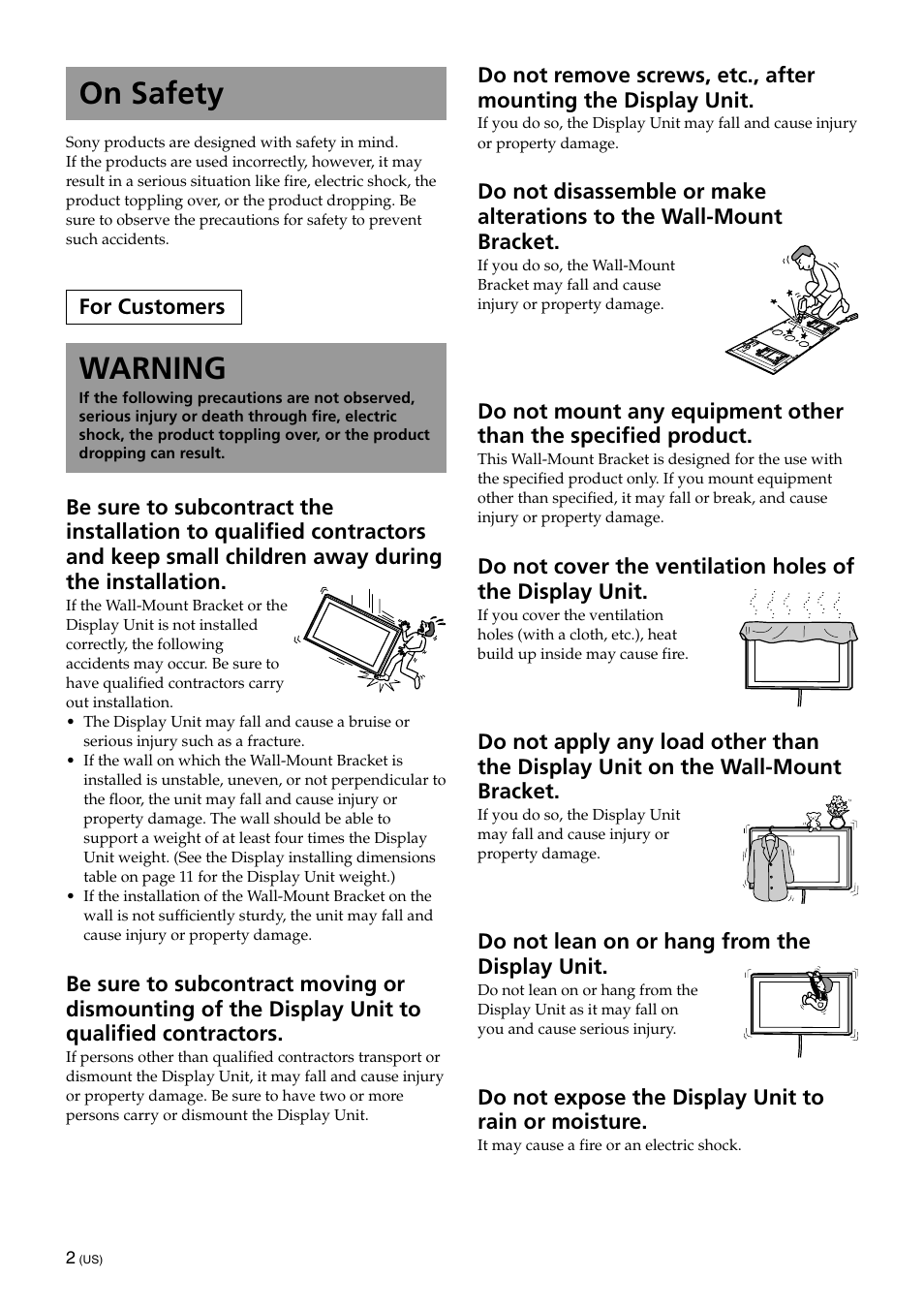 On safety, Warning | Sony SU-XWQ005 User Manual | Page 4 / 40