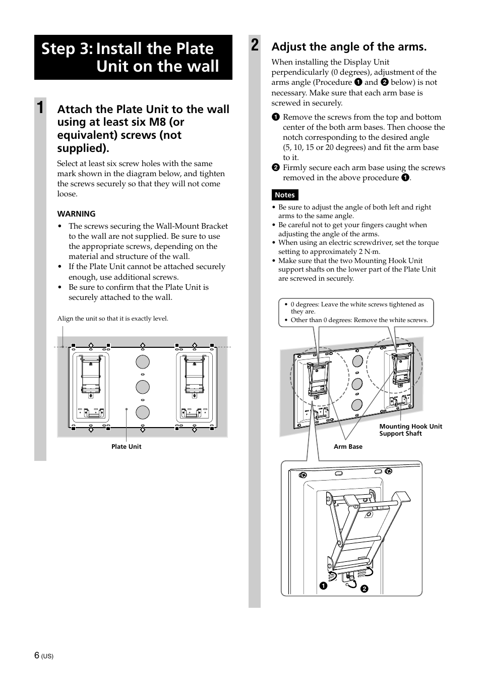 Step 3: install the plate unit on the wall, Step 3: install the plate unit on the wall 1, Adjust the angle of the arms | Sony SU-XWQ005 User Manual | Page 8 / 40