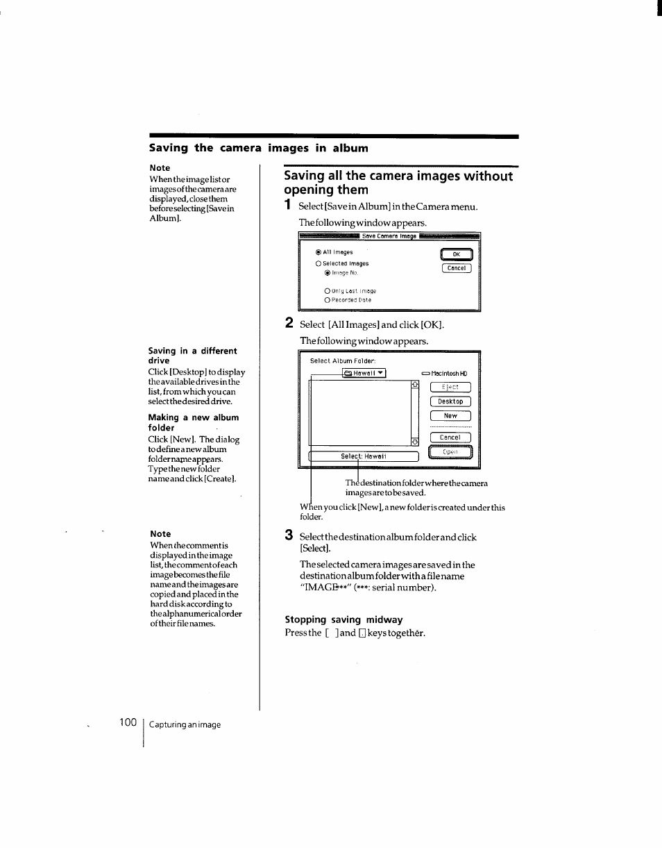 Saving all the camera images without opening them, Stopping saving midway | Sony DSC-F1 User Manual | Page 100 / 127
