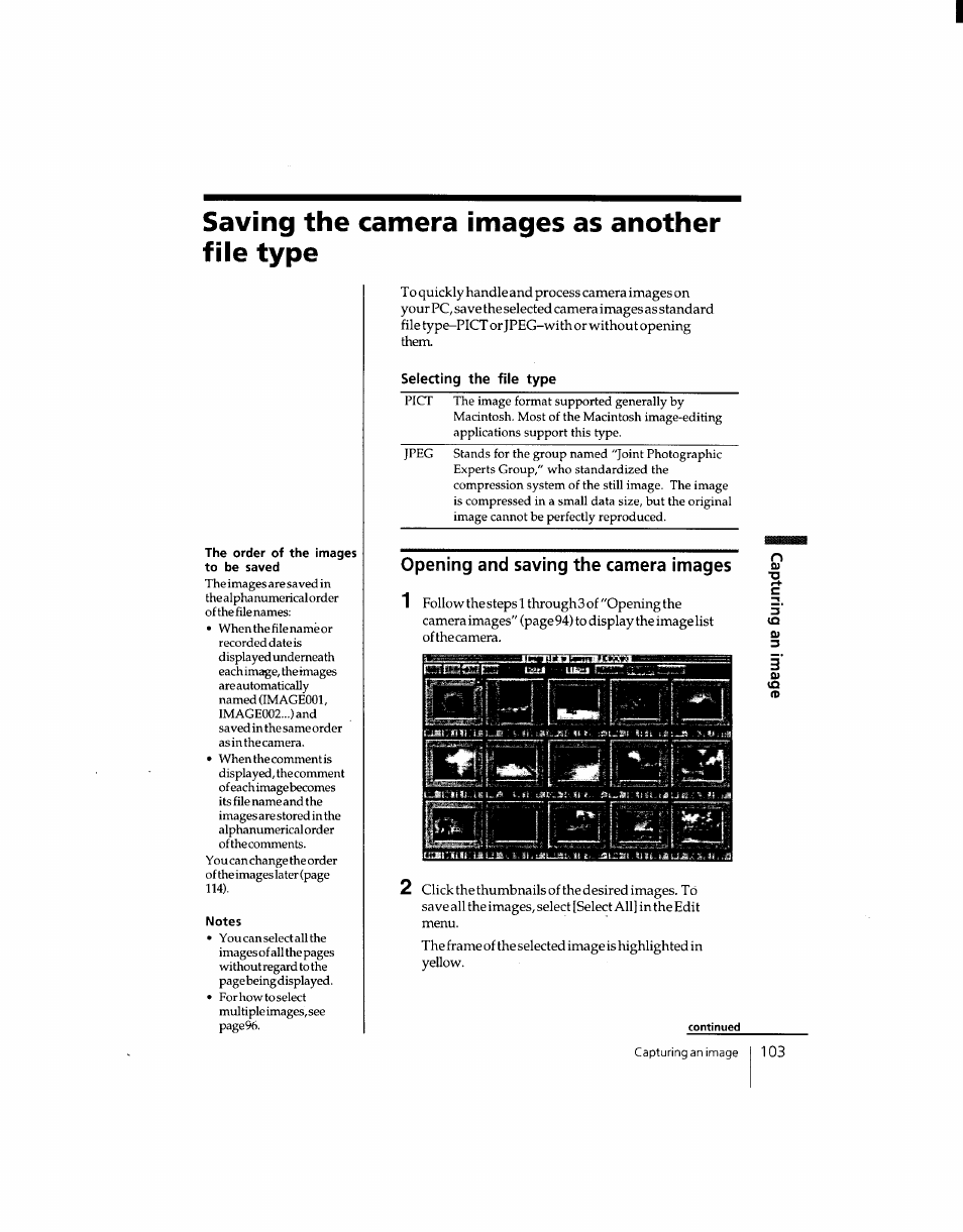 Saving the camera images as another file type, Selecting the file type, Opening and saving the camera images | Sony DSC-F1 User Manual | Page 103 / 127