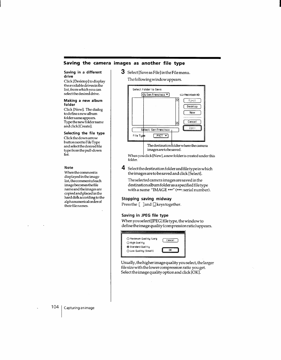 Stopping saving midway, Saving in jpeg file type, Saving the camera | Images as another file type | Sony DSC-F1 User Manual | Page 104 / 127