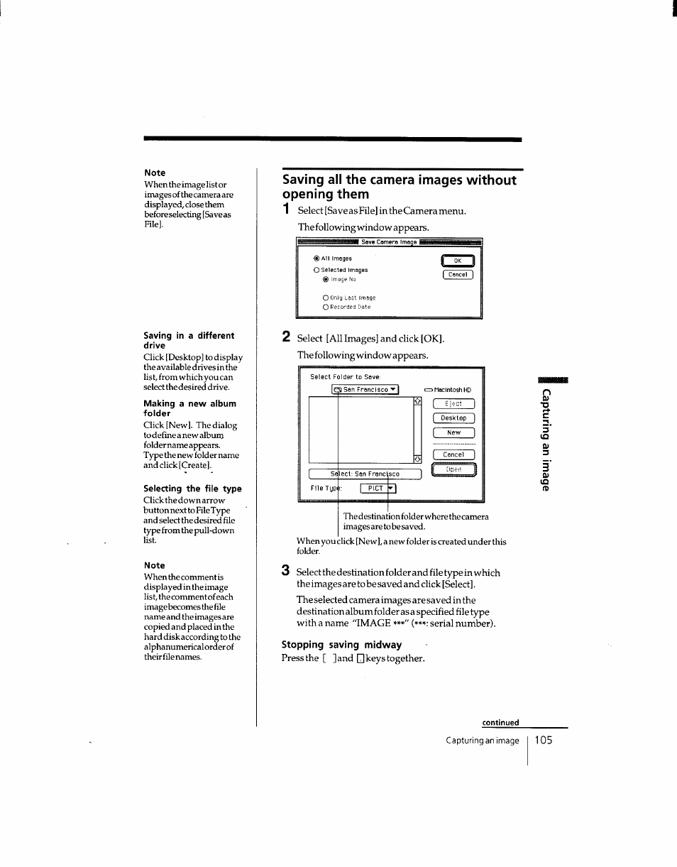 Saving all the camera images without opening them, Stopping saving midway | Sony DSC-F1 User Manual | Page 105 / 127