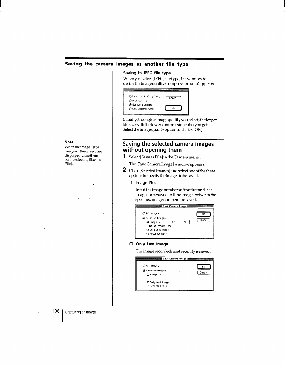 Saving in jpeg file type, Image no, N only last image | Saving the camera images as another file type, The image recorded most recently is saved | Sony DSC-F1 User Manual | Page 106 / 127