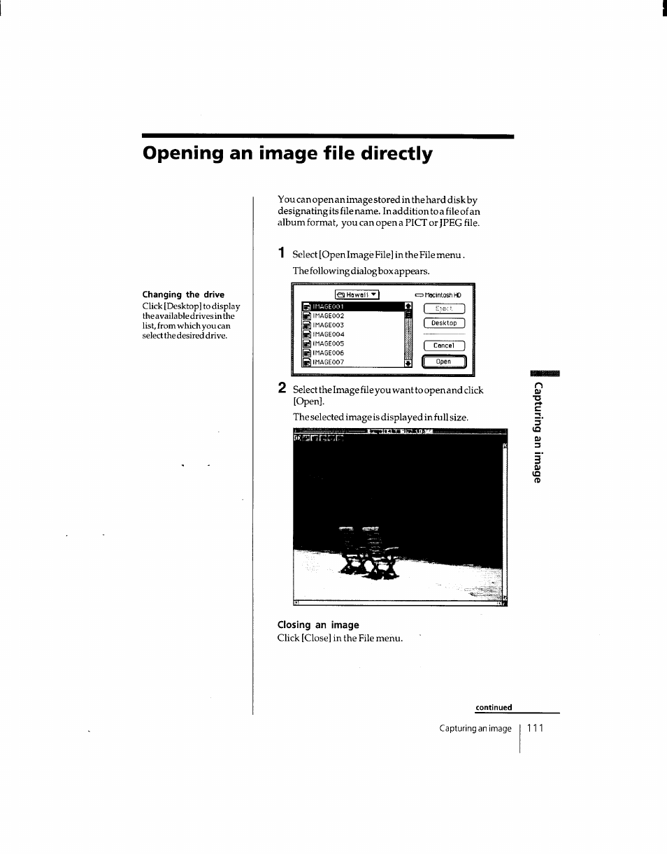 Opening an image file directly, Closing an image | Sony DSC-F1 User Manual | Page 111 / 127