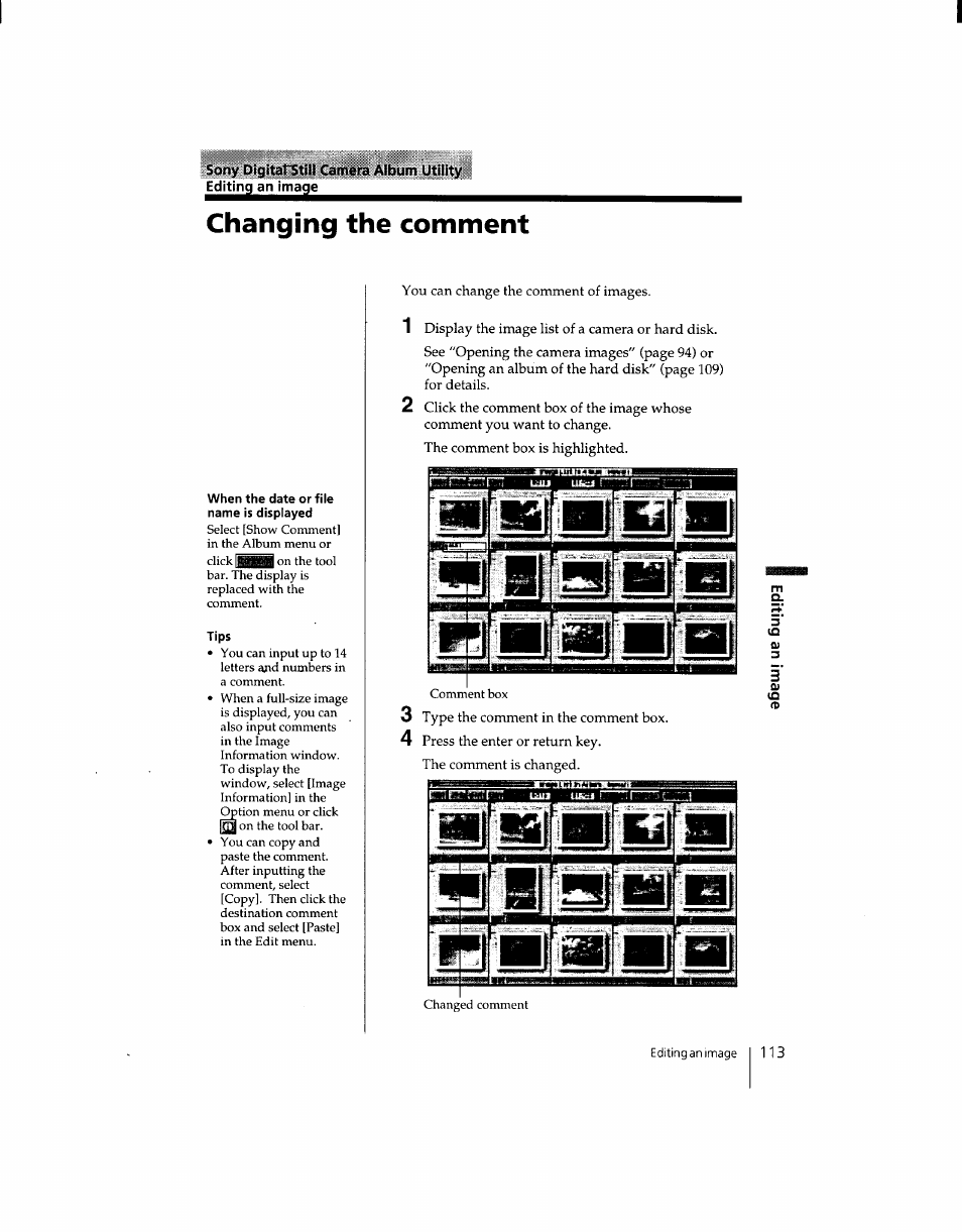Changing the comment | Sony DSC-F1 User Manual | Page 113 / 127