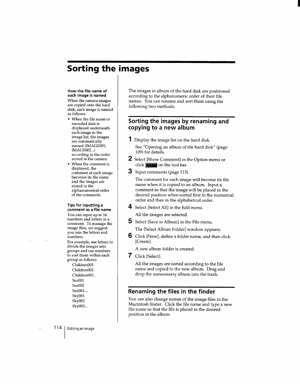 Renaming the files in the finder, Sorting the images | Sony DSC-F1 User Manual | Page 114 / 127