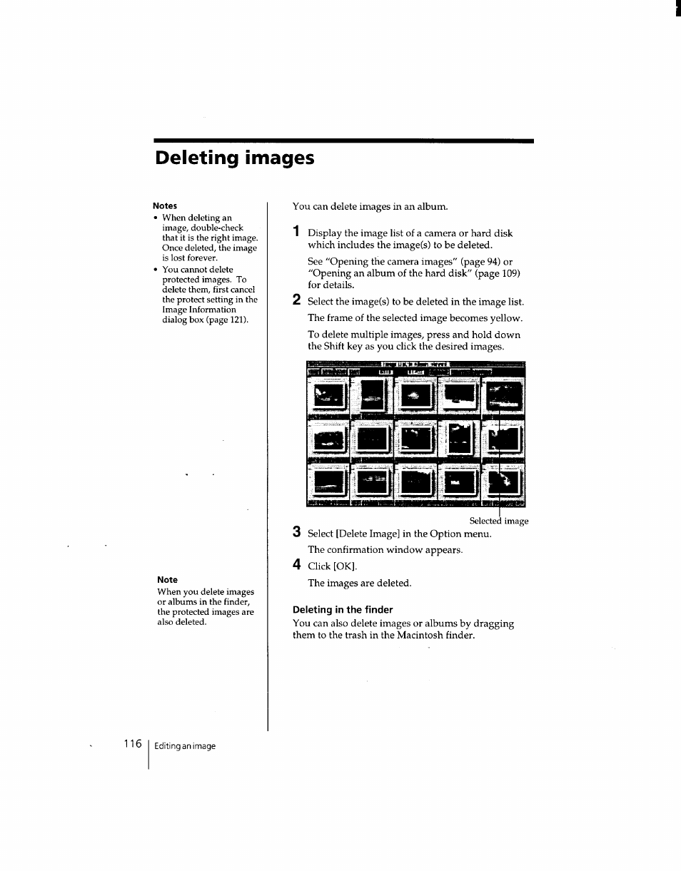 Deleting in the finder, Deleting images | Sony DSC-F1 User Manual | Page 116 / 127