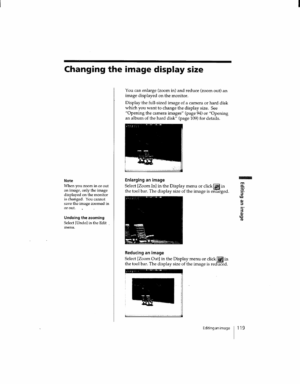 Changing the image display size, Reducing an image | Sony DSC-F1 User Manual | Page 119 / 127