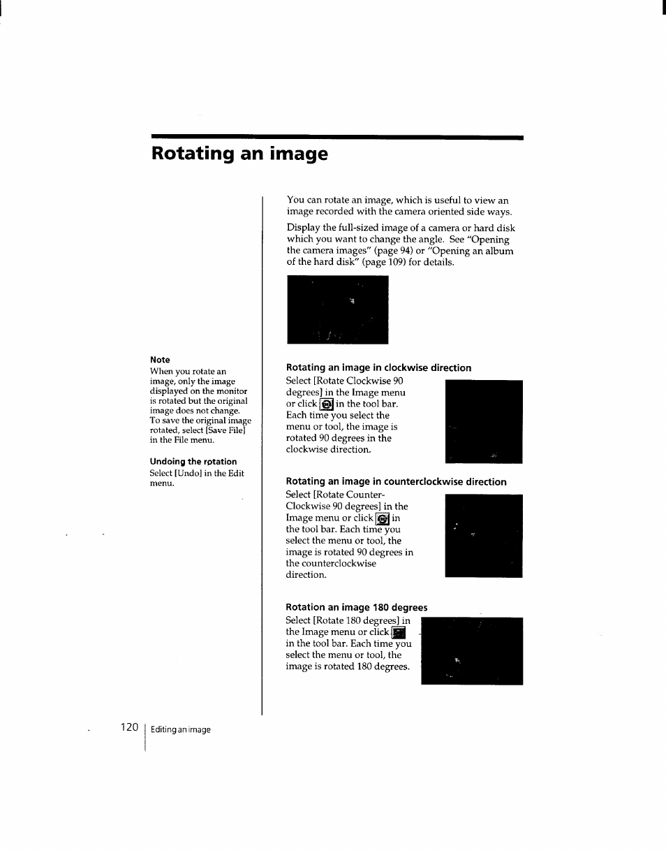 Rotating an image, Rotating an image in ciockwise direction, Rotating an image in counterclockwise direction | Rotation an image 180 degrees | Sony DSC-F1 User Manual | Page 120 / 127