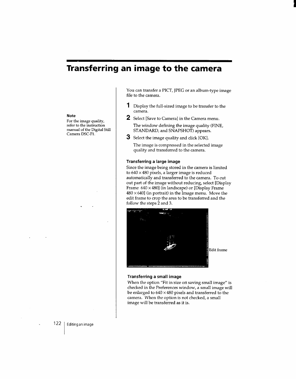 Transferring an image to the camera, Transferring a large image, Transferring a small image | Sony DSC-F1 User Manual | Page 122 / 127