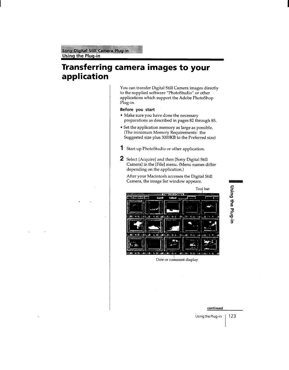 Transferring camera images to your application, Transferring camera images to your, Application | Sony DSC-F1 User Manual | Page 123 / 127