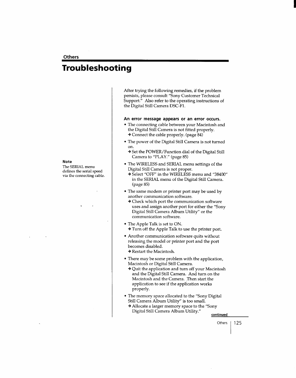 Others, Troubleshooting, An error message appears or an error occurs | Sony DSC-F1 User Manual | Page 125 / 127