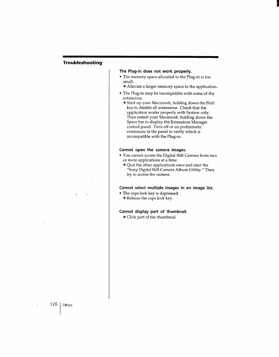 The plug-in does not work properly, Cannot open the camera images, Cannot select multiple images in an image list | Cannot display part of thumbnail | Sony DSC-F1 User Manual | Page 126 / 127