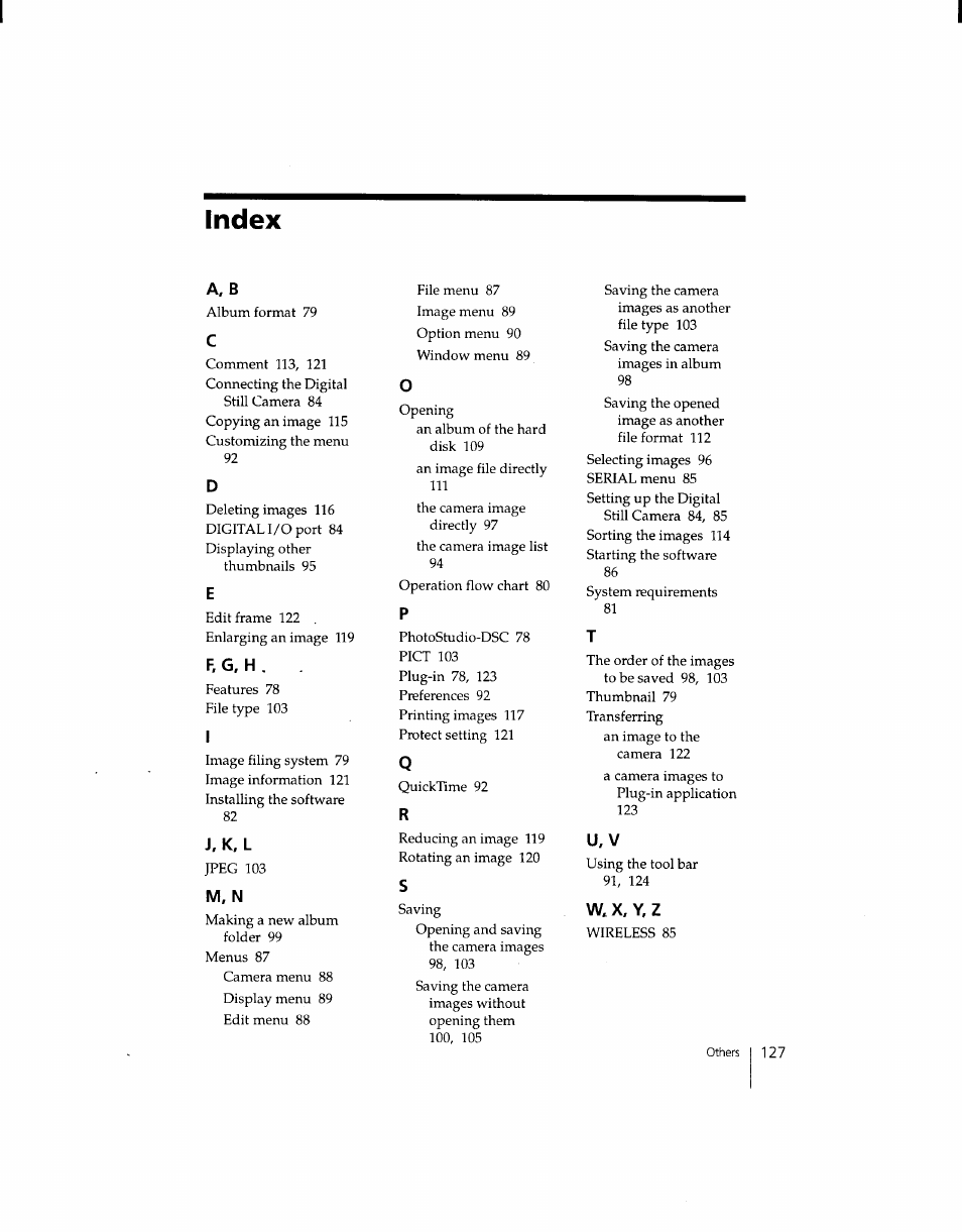 Index, A, b, F. g, h | J, k. l, M, n, U, v, W.x,y,z | Sony DSC-F1 User Manual | Page 127 / 127