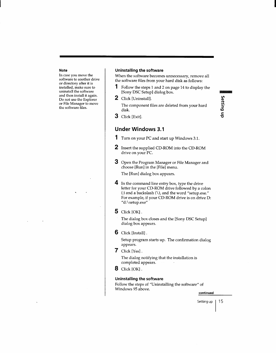 Uninstalling the software, Under windows 3.1 | Sony DSC-F1 User Manual | Page 15 / 127